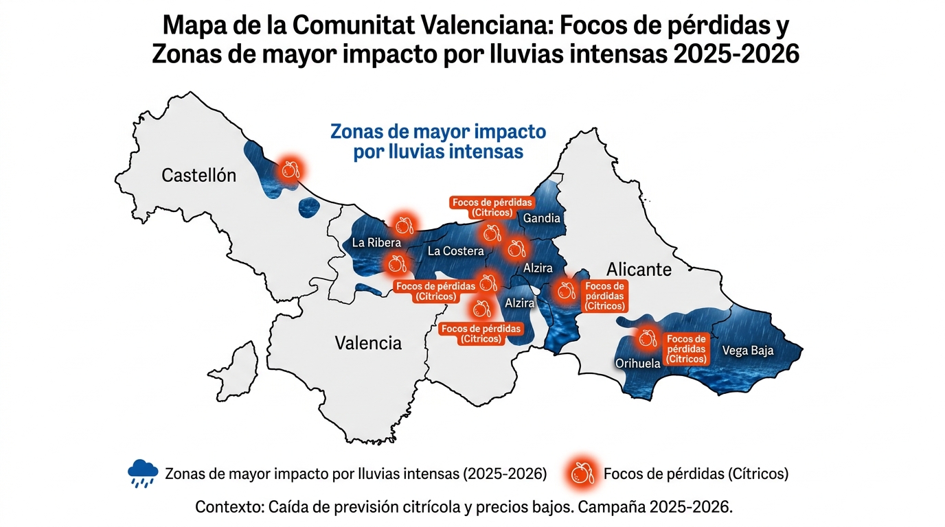 mapa de la Comunitat Valenciana con focos de pérdidas y zonas de mayor impacto por lluvias intensas 2025 2026