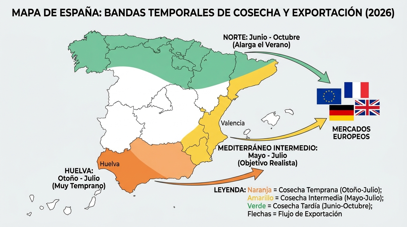 mapa de España con bandas temporales de cosecha marcadas por colores y flechas hacia mercados europeos