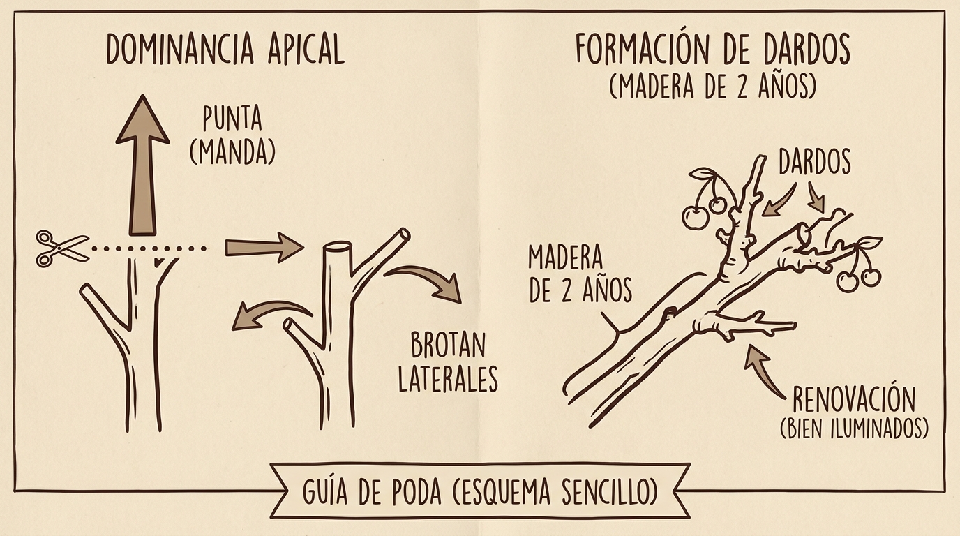 esquema sencillo con flechas mostrando dominancia apical y formación de dardos en madera de dos años