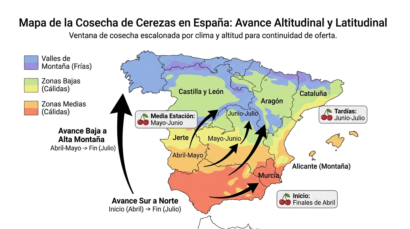 mapa de España con franjas altitudinales y flechas que muestran el avance de la cosecha de sur a norte y de baja a alta montaña