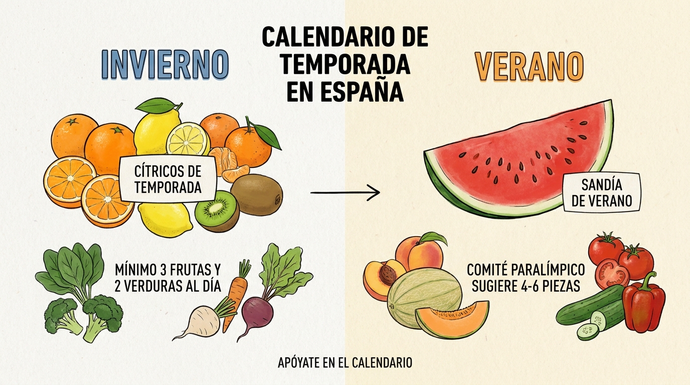 collage con frutas y verduras de temporada en España, destacando cítricos en invierno y sandía en verano