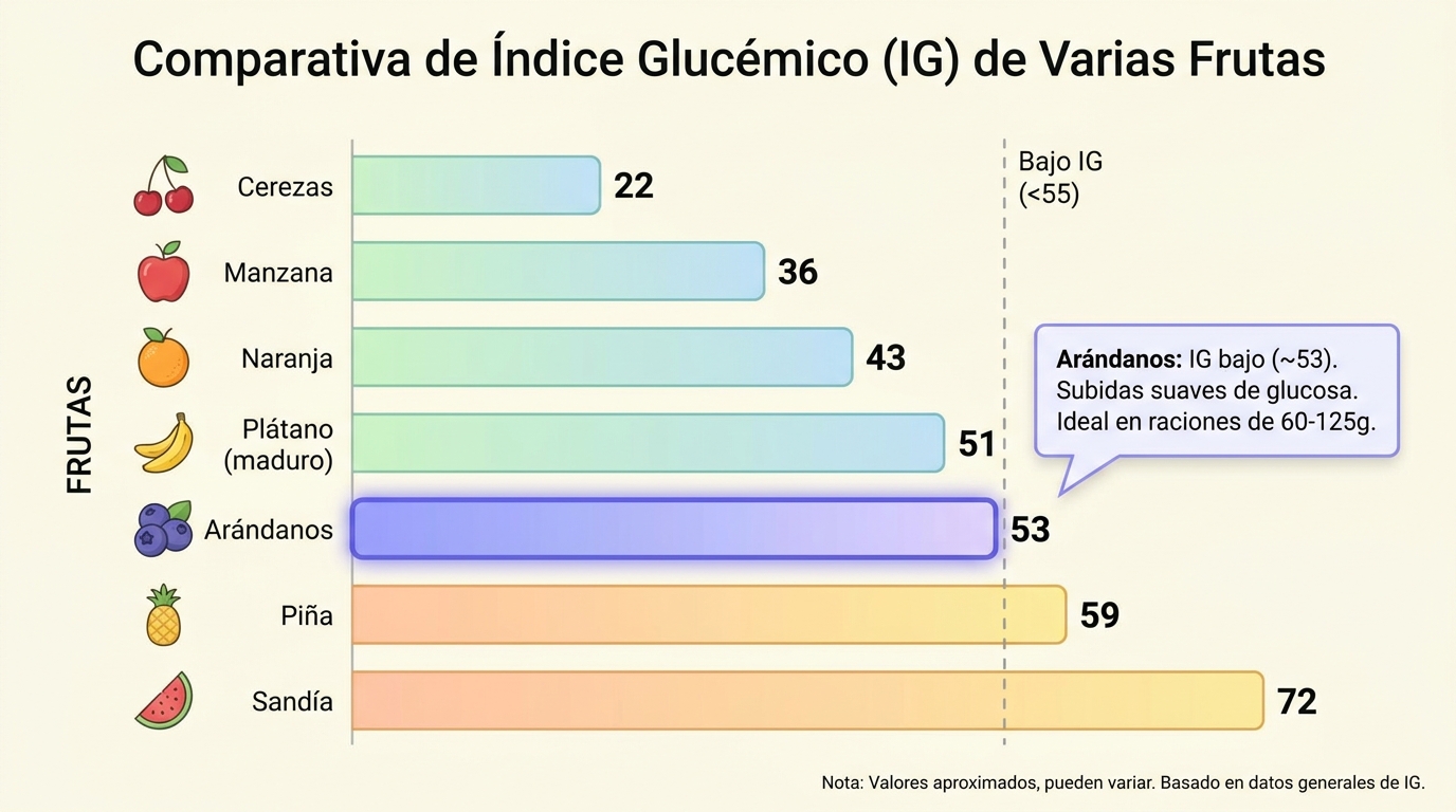 gráfica sencilla comparando IG de varias frutas con los arándanos resaltados