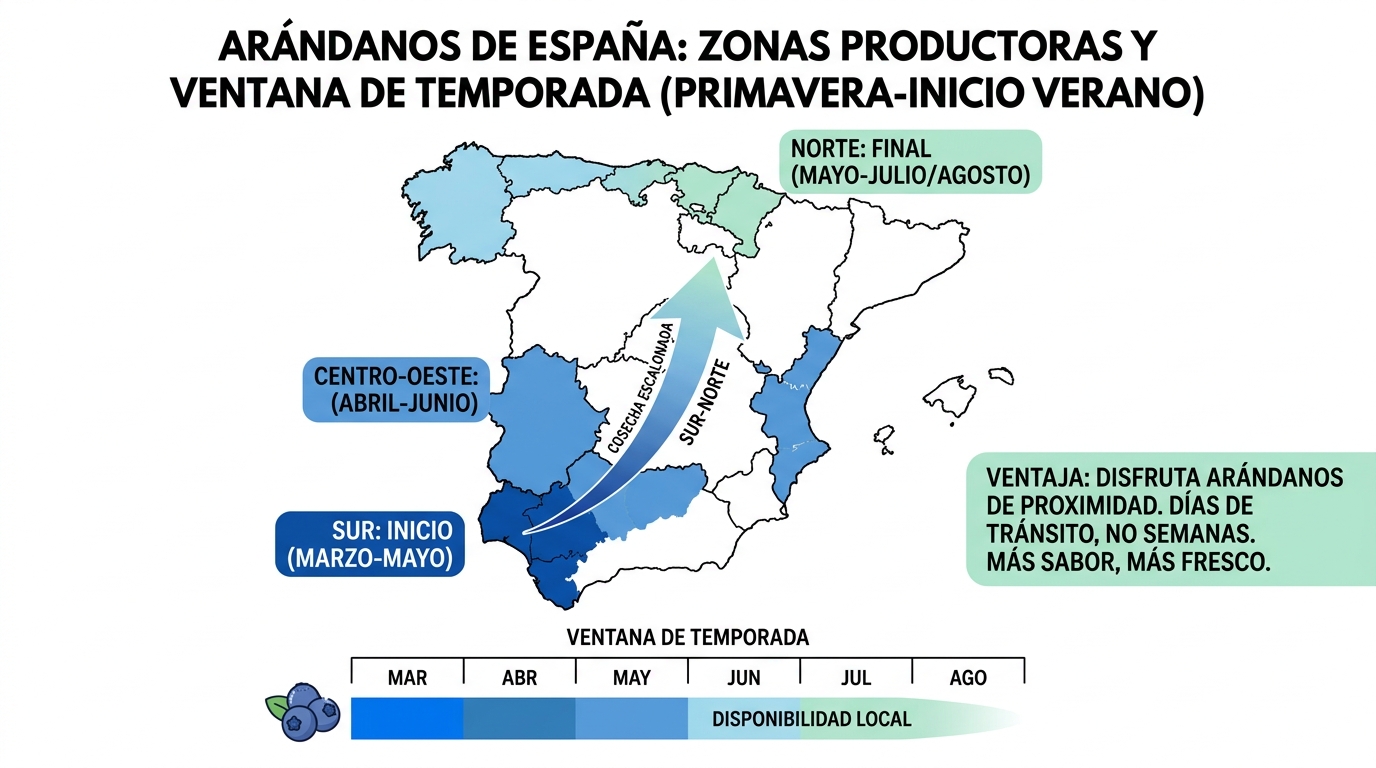 mapa de España señalando zonas productoras y la ventana de temporada de primavera a inicios de verano